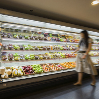 Frutas y verduras refrigeradas en un supermercado.