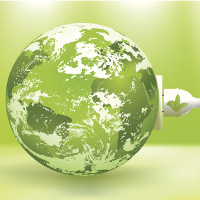 Imagen de fondo verde con un cable conectando al planeta Tierra.