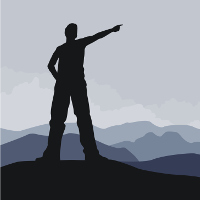 Sombra de hombre en la montaña señalando el horizonte.