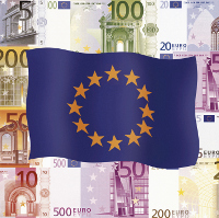 La bandera de la UE sobre billetes de euros.